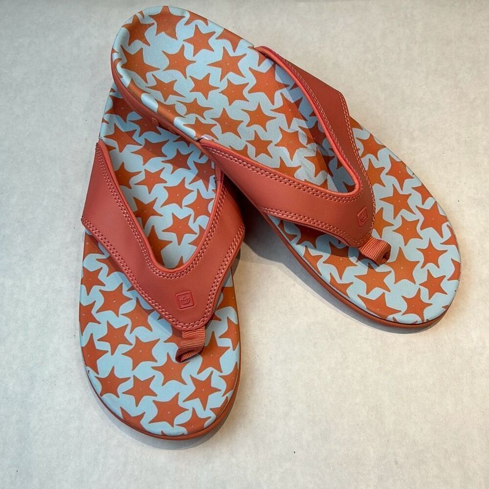 Spenco Yumi Ocean Flip Flops Sandals Sz 12D Coral Star Fish Contoured Footbed
